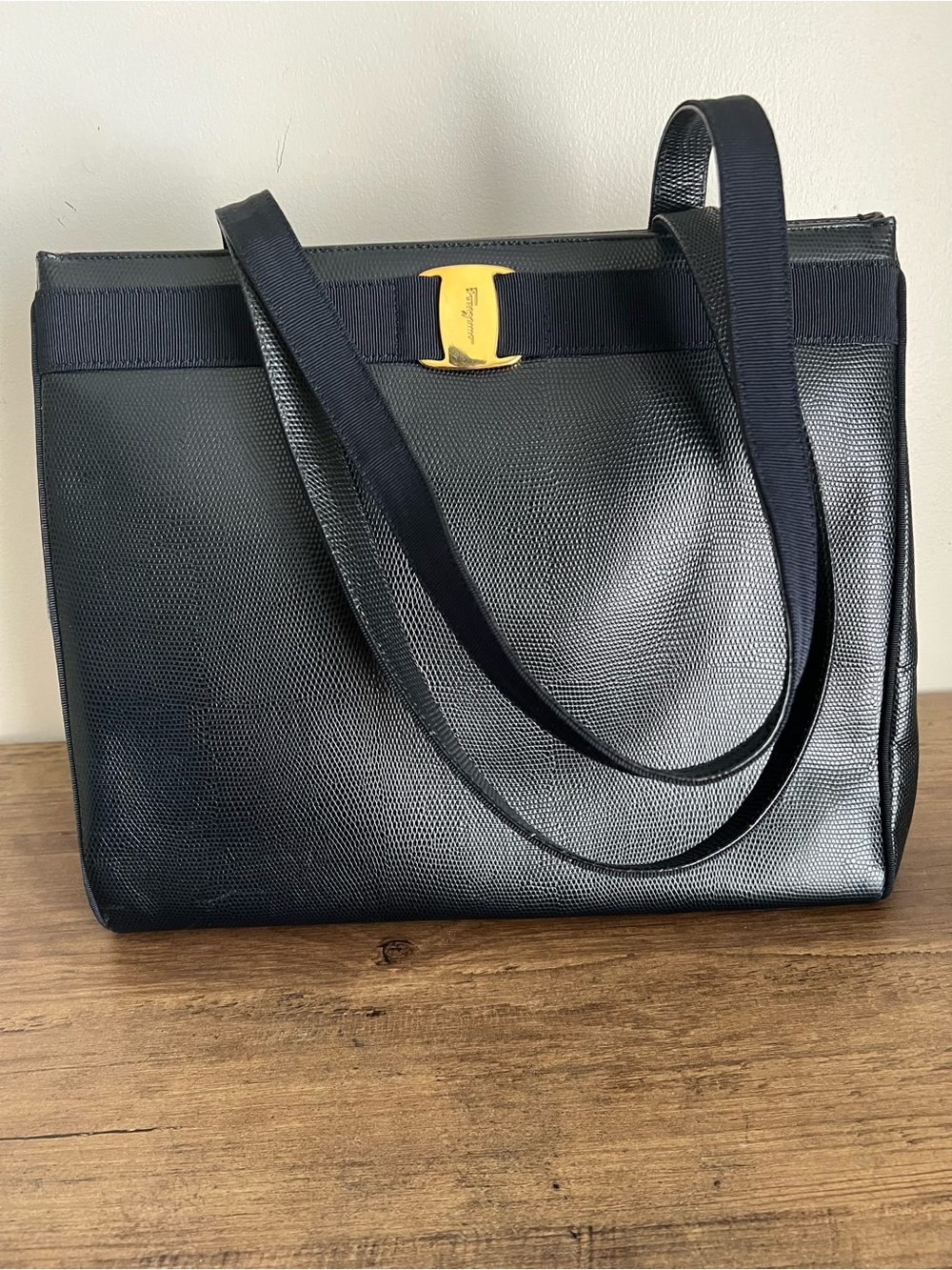 Ferragamo Lizard Navy Leather Shoulder Bag